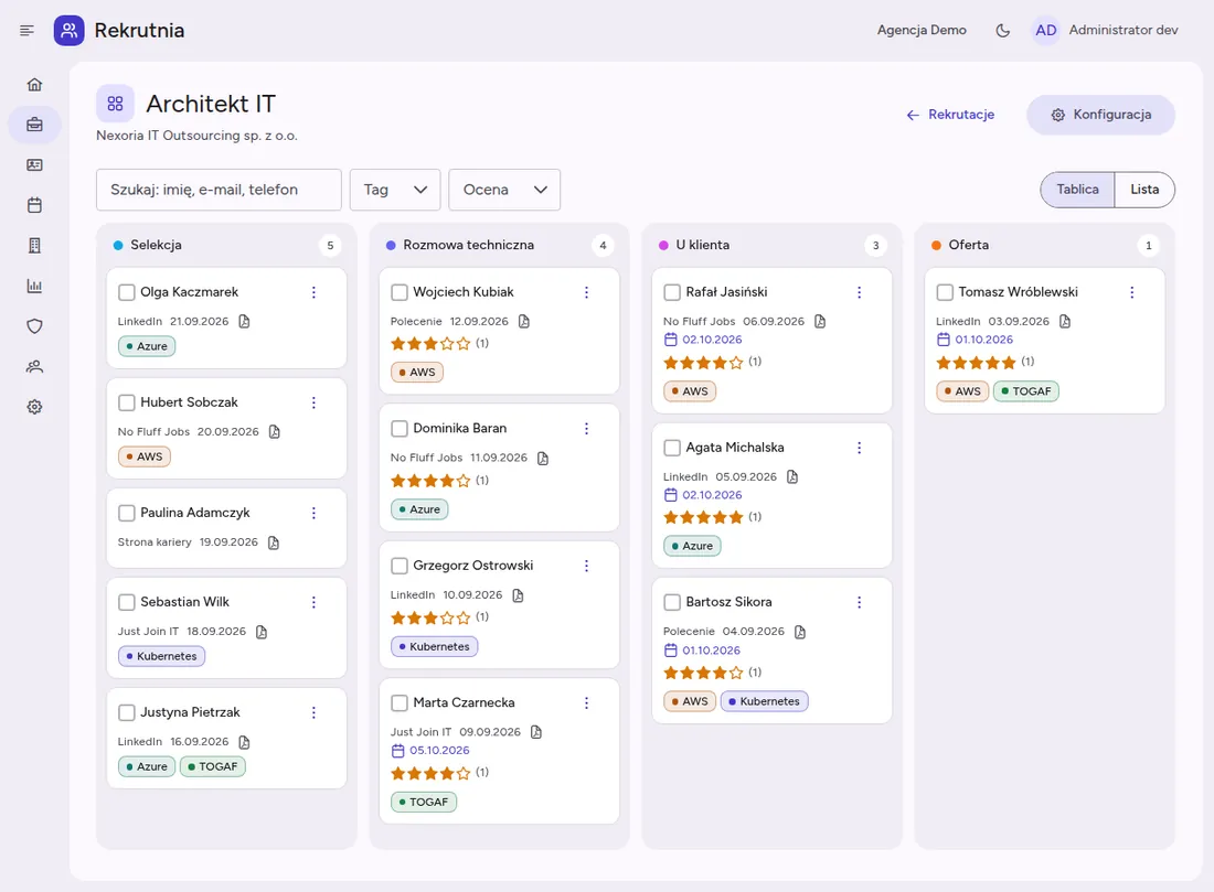 Rekrutnia — kanban etapów rekrutacji